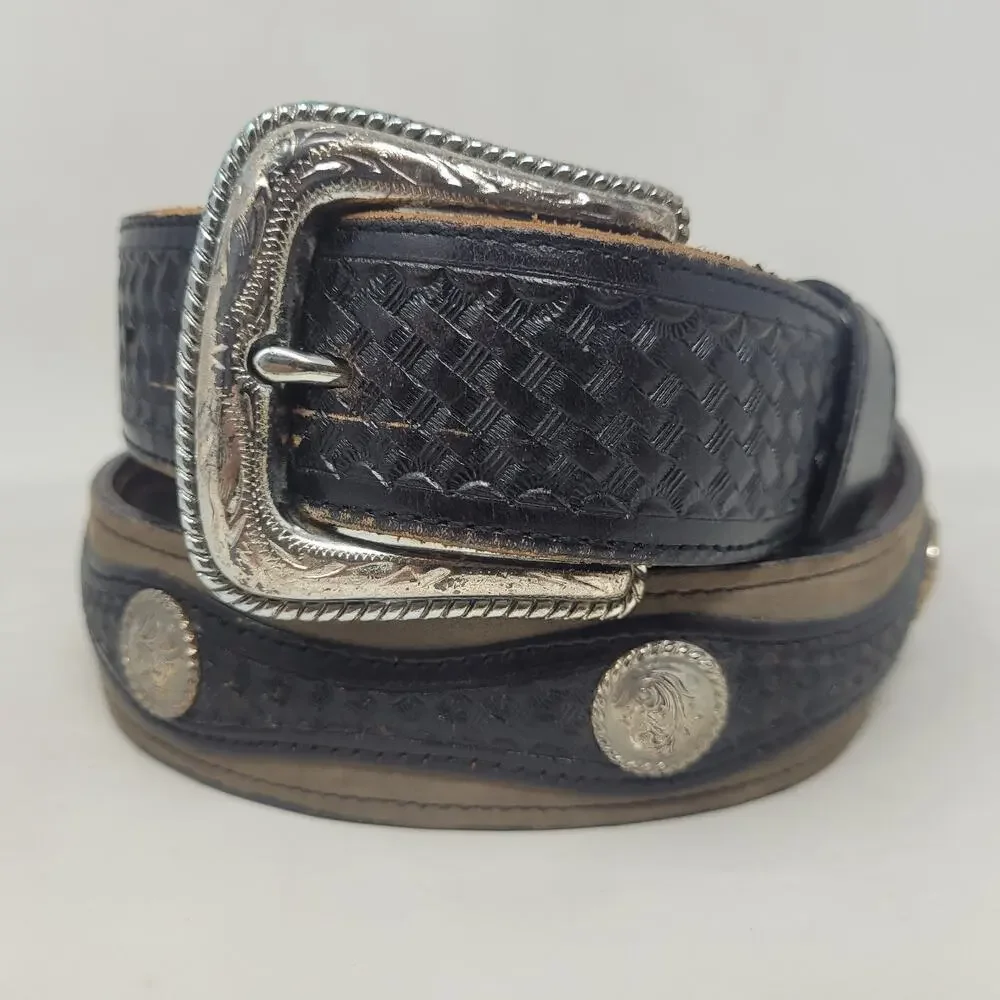 Nocona Belt 36 Brown Suede Leather Concho Basketweave Western Cowboy Tooled